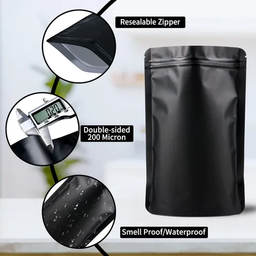 Vista 3 de 100 paquetes de bolsas de mylar a prueba de olores resellables, bolsas de pie negras con sello de aluminio para embalaje, 3.9×5.9 pulgadas