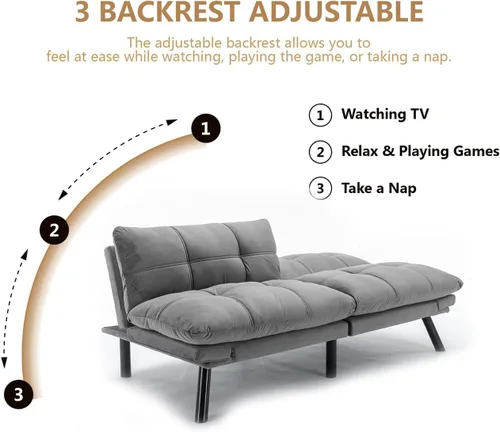 Vista 3 de Sofá cama futón, sofá futón plegable convertible, sofá pequeño transpirable para estudio compacto en sala de estar y dormitorio, oficinas, sofá Gris