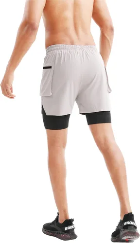 Vista 6 de BROKIG Pantalones cortos deportivos para hombre, con bolsillo en el muslo, pantalones cortos de gimnasio 2 en 1, ligeros, de secado rápido