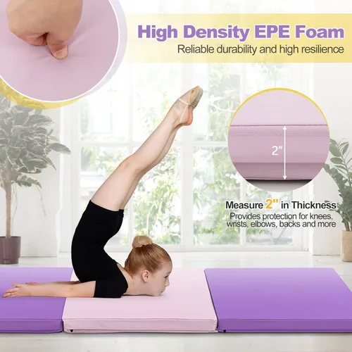 Vista 3 de Goplus Esterilla de Gimnasia Plegable, 6' x 2' x 2'' de Grosor Tri-Fold Esterilla de Ejercicio y Volteretas con Asas de Transporte, Cierre de Gancho