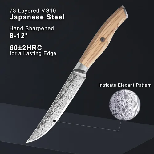 Vista 4 de Juego de 6 cuchillos para carne Damasco Premium no dentados con mango de madera de olivo natural, cuchillas de acero japonés de borde recto de 67
