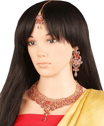 Vista 19 de Conjunto precioso de collar con look real Indian Bollywood, maravillosamente decorado, conjunto de collar adornado para mujer.
