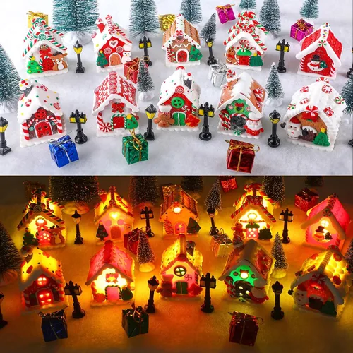 Vista 7 de Shappy 48 piezas de casas de pueblo navideño, accesorios de edificios de ciudad, 10 casas de pueblo navideño con luz, 12 mini árboles, 12 luces LED