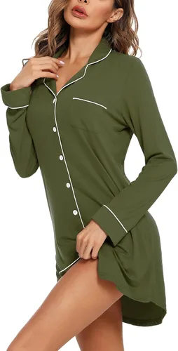 Vista 26 de Samring Camisón de pijama para mujer, manga corta/larga, con botones, camisón para dormir, camisón para novio, talla XXL
