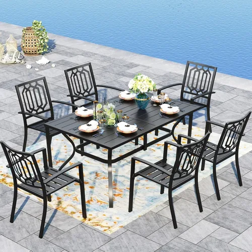 Vista 10 de PHI VILLA Mesa y sillas para exteriores, mesa rectangular de 60 pulgadas con sillas Raya