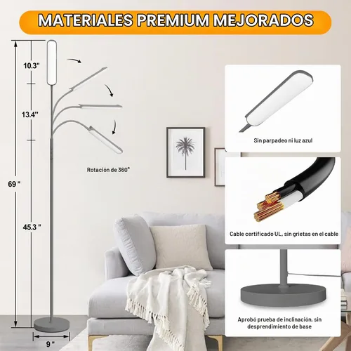 Vista 5 de marctronic Lámpara de pie LED gris, 18W 1800LM Lámparas de pie brillantes con control remoto y funciona con enchufe inteligente, luz de lectura Gris