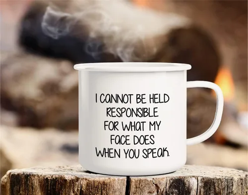 Vista 3 de Retreez Taza de café con texto en inglés "I Cannot Be Held Responsible For What My Face Does When You Speak When You Speak", de acero inoxidable
