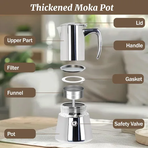Vista 3 de Olla de café espresso italiano de acero inoxidable 304 de 2 tazas de 3.5 onzas líquidas, cafetera para estufa, cafetera de moca, para estufa