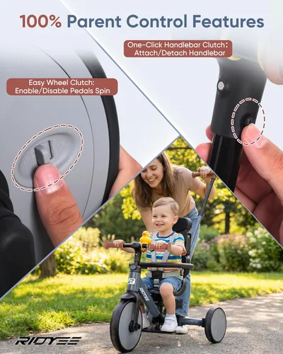 Vista 3 de RIDYEE Triciclo 8 en 1 para 1.5-5 años, interruptor sin herramientas, triciclo para niños pequeños con mango de control de dirección para padres