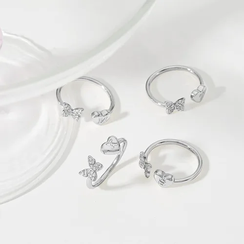 Vista 7 de Anillo con inicial de oro para mujer, anillo de plata con letra inicial de oro rosa, anillos de corazón de mariposa ajustables con iniciales