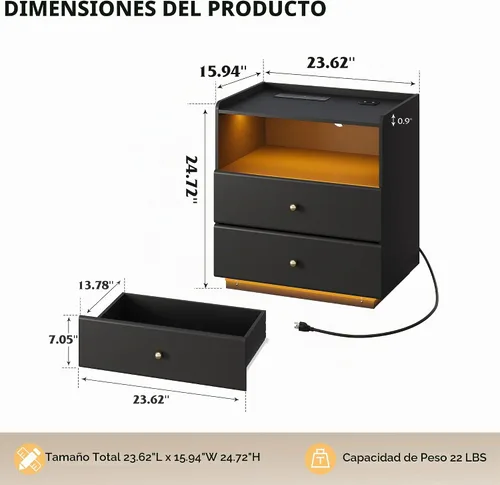 Vista 3 de WLIVE Mesita de noche negra con estación de carga, mesita de noche LED Negro