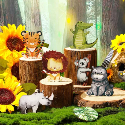 Vista 2 de Geetery 12 piezas de animales del bosque de madera con formas recortadas de animales pintados de bosque de safari para baby shower, criaturas