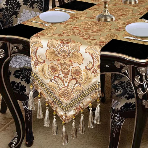 Vista 4 de Modern luxury flores de damasco, tela de Jacquard Cuadro camino de mesa y bufandas con múltiples borlas