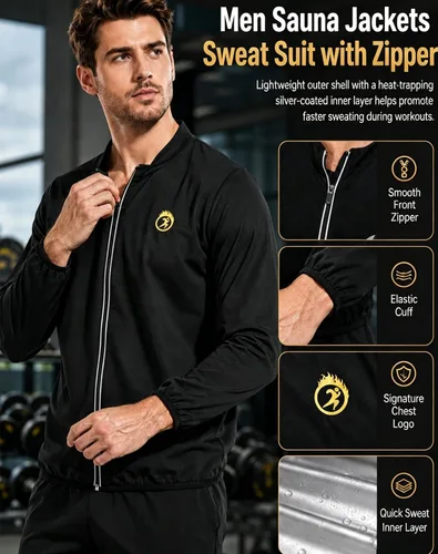 Vista 5 de NINGMI Traje de sauna para hombre, chaqueta para sudar, camisa de manga larga, trajes de entrenamiento con cremallera, gimnasio, ejercicio, fitness