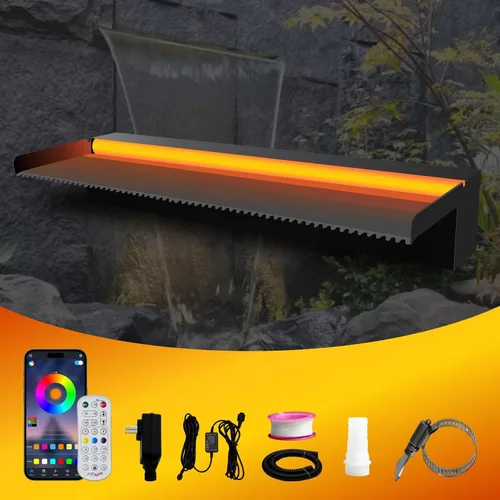 Vista 13 de Pamopamo Cascada Vertedero para Piscina de Acero Inoxidable Fuente de Estanque, Fuentes Negras para Exteriores con Control por APP y LED Coloridos