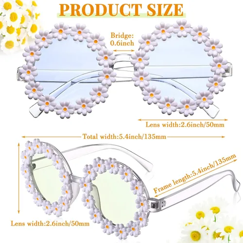Vista 2 de 2 pares de lentes de sol de margarita para mujer, gafas redondas de flores para adultos y niños, decoración con gafas de tela bolsa de franela