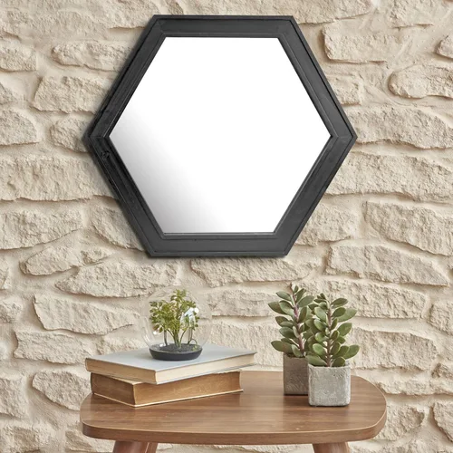 Vista 7 de Stonebriar Espejo de pared hexagonal decorativo de 24 pulgadas con marco de madera negra y soporte para colgar, decoración rústica decorativa