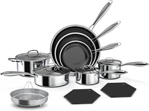 Vista 8 de Juego de sartenes antiadherentes, 6 piezas de acero inoxidable 18/10 de 5 capas Hybrid Non stick 8 10 12-inch Frying Pans with Lid, Induction