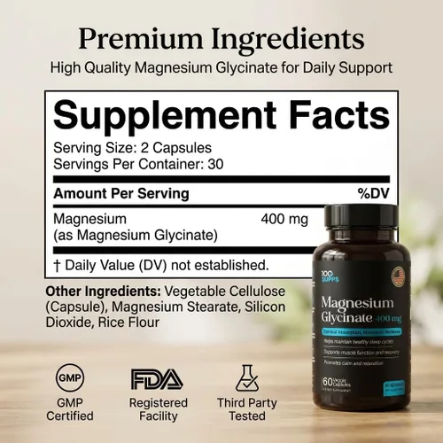 Vista 3 de Glicinato de magnesio 400 mg – 60 cápsulas Suministro para 30 días Magnesio quelado para apoyo muscular, nervioso y sueño Vegano, sin gluten