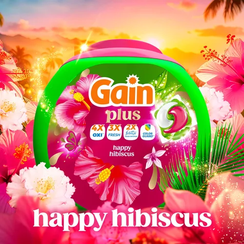 Vista 6 de Gain Super Flings - Cápsulas de detergente para ropa, 45 unidades, aroma Hibiscus Hula, cápsulas de detergente de lavado irresistiblemente limpias