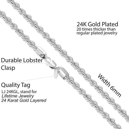 Vista 4 de LIFETIME JEWELRY Collar de cadena de cuerda de 0.236in para mujeres y hombres, chapado en oro real de 24 quilates, Chapado en oro, No es una piedra
