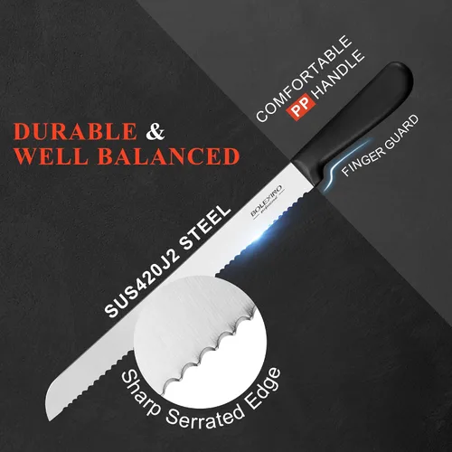 Vista 3 de Cuchillo dentado de 10 pulgadas para pan casero, cuchillo de acero inoxidable con borde ondulado ancho, cuchillo de cocina multiusos, cortador
