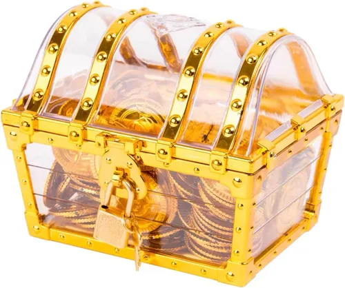 Vista 3 de Cofre del tesoro pirata para niños: pequeña caja del tesoro con cerradura y llave, caja de colección vintage de plástico para almacenamiento