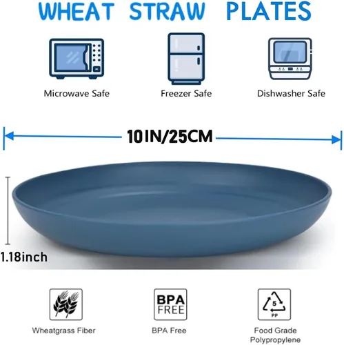 Vista 3 de K Y KANGYUN Platos de Cena de Paja de Trigo Irrompibles de 10 Pulgadas, Juego de 4 - Aptos para Lavavajillas, Perfectos para Acampar y Platos