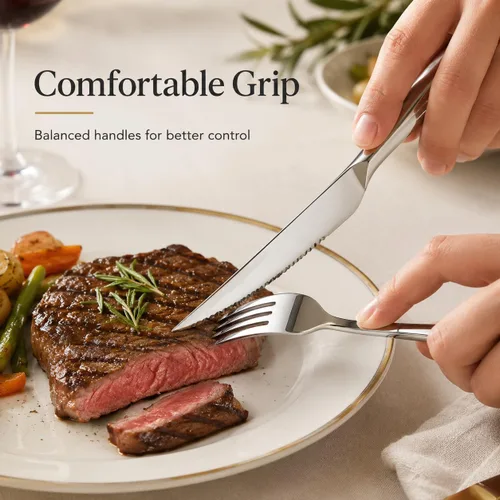 Vista 4 de SANTUO 12-Piece Steak Knife and Fork Set for 6, Stainless Steel Steak Knives with Dinner Forks, Serrated Steak Knife Set, Mirror Polished