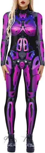 Vista 26 de Enterizo de mujer con estampado de esqueleto de robot mecánico 3D para Halloween, disfraz de cosplay
