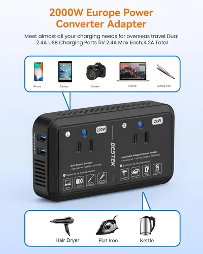 Vista 5 de Adaptador de enchufe de viaje europeo de 220 V a 110 V Convertidor de voltaje de EE. UU. a Europa 2000 W Convertidor de voltaje de viaje con 2 Negro