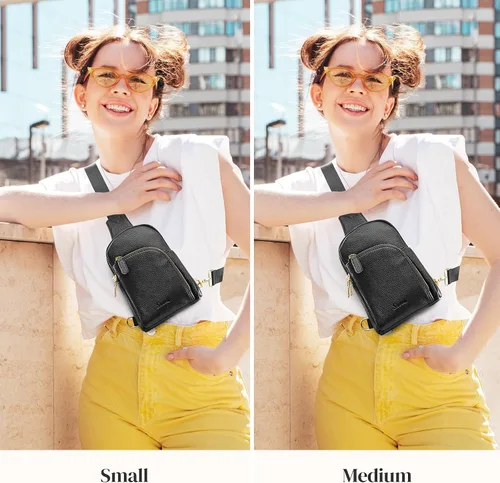 Vista 2 de S-ZONE Bolso bandolera para mujer, cangureras de cuero genuino con bloqueo RFID, bolsas cruzadas en el pecho, regalos para mujeres y hombres, Negro