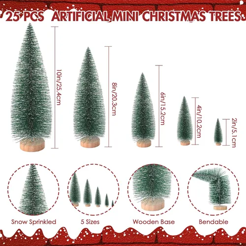 Vista 2 de Geetery 25 piezas de mini árboles de Navidad, árboles artificiales de pincel de botella con base de madera, árbol de Navidad de sisal de pueblo