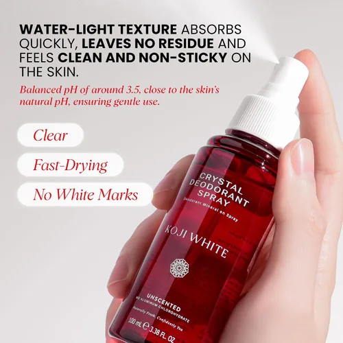 Vista 5 de Koji White Even Tone Desodorante Desodorante de sal en aerosol de cristal para mujeres, desodorante sin perfume para pieles sensibles, piedra