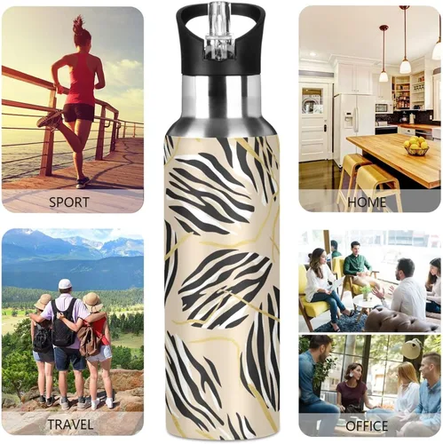 Vista 5 de Zebra Stripes Beige Stainless Steel Water Bottle 20 Oz, BPA-Free Sport Water Bottle Leakproof Water Bottles