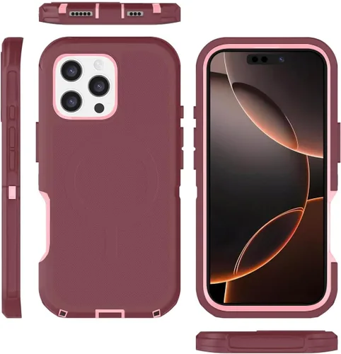 Vista 5 de Funda magnética para iPhone 16 Pro Max resistente con 2 protectores de vidrio templado y protector para lente de cámara, protección de golpes