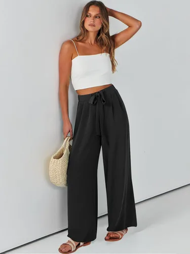 Vista 9 de Caracilia Pantalones palazzo de pierna ancha para mujer, de cintura alta, ajustables, con lazo, holgados, informales, con bolsillos