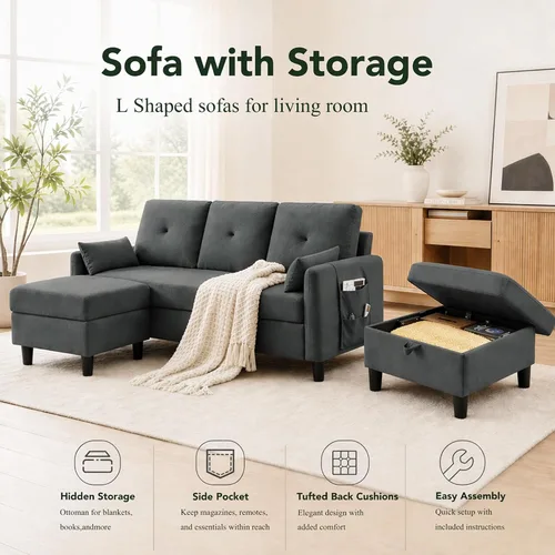 Vista 3 de Sofá modular convertible, sofá pequeño de 3 plazas en forma de L de 77 pulgadas con diván de almacenamiento reversible, sofá moderno de tela de Gris