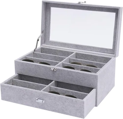 Vista 7 de Organizador de lentes de sol de 12 ranuras con parte superior de vidrio transparente para mujeres y hombres, elegante vitrina de gafas