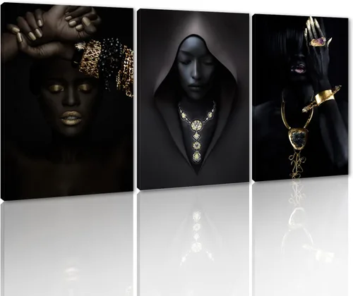 Vista 10 de MAMAGO Lienzo decorativo para pared, pintura de belleza dorada y negra, fotos de mujeres africanas, hermosos pósteres de mujer negra, impresiones