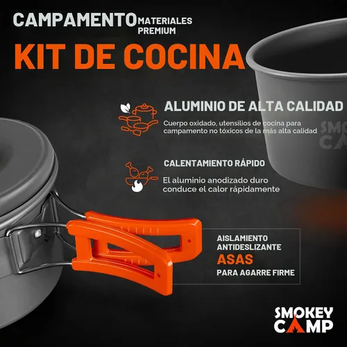 Vista 5 de Smokey Camp Camping Cookware Mess Kit Set with Stove - Backpacking Camping Pots and Pans Set, All in One Non-Stick Camping Cooking Set, Portable