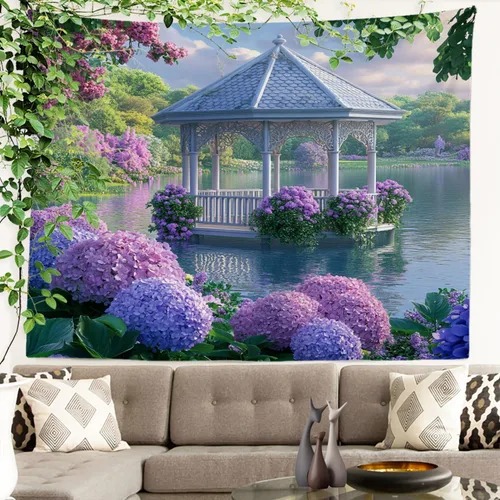 Vista 7 de Batmerry Peaceful Retreat Beautiful Landscape Polyester Tapestry, Blooming Garden Setting Lightweight Wall Hanging High-Definition Print Backdrop
