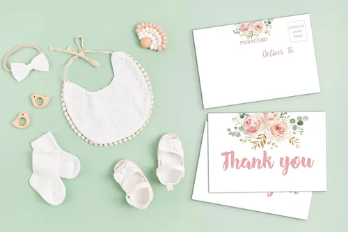 Vista 3 de Tarjetas postales florales de agradecimiento en blanco de doble cara de color rosa rubor para baby shower, despedida de soltera, boda, cumpleaños