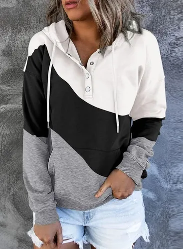 Vista 3 de Dokotoo - Sudaderas con capucha para mujer, con cuello de botón y cordón de ajuste, sudaderas casuales de manga larga