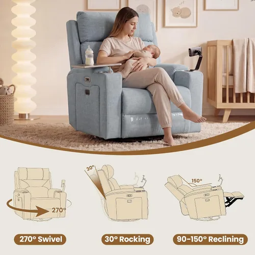 Vista 3 de Silla reclinable giratoria eléctrica con reposacabezas y lumbar ajustables, mecedoras eléctricas para cuarto de bebé con espacio de almacenamiento