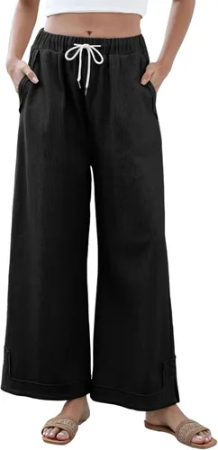 Vista 16 de Athlisan Pantalones Palazzo Holgados de Pierna Ancha para Mujer Casuales Sueltos con Cordón Cintura Elástica Pantalones de Descanso con Bolsillos