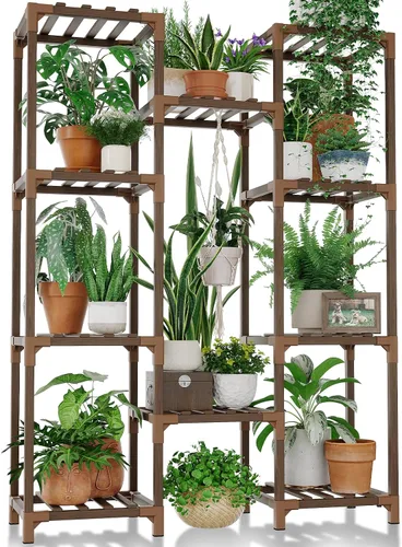 Vista 16 de Bamworld - Soporte para plantas con ruedas de madera para interior y exterior, estante para múltiples plantas con 11 macetas, soporte alto y grande