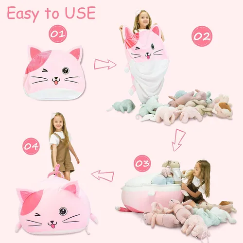 Vista 4 de Anzitinlan Lindo puf de gato para niños, puf de almacenamiento de animales de peluche rosa para decoración de habitación de niñas