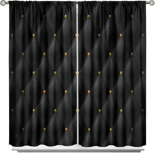 Vista 54 de Cortinas Negras con Dobladillo Dorado, Cortinas Opacas con Bolsillo para Barra con Estampado de Rayas de Foil en Onda Dorada para Decoración de Negro