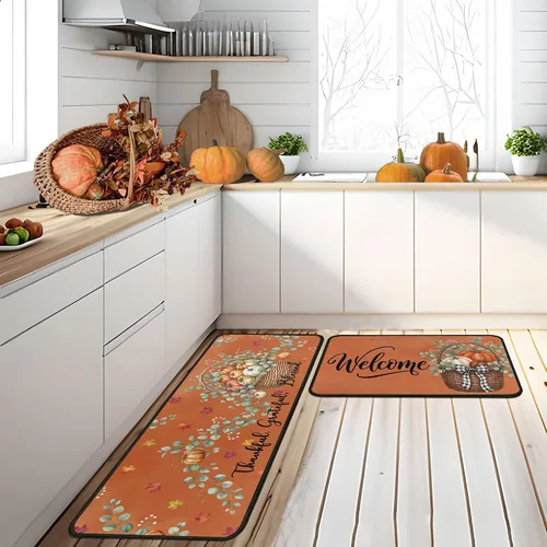 Vista 14 de Juego de 2 alfombras y tapetes de cocina de otoño, alfombras de cocina de Acción de Gracias, con respaldo antideslizante, decoraciones de otoño